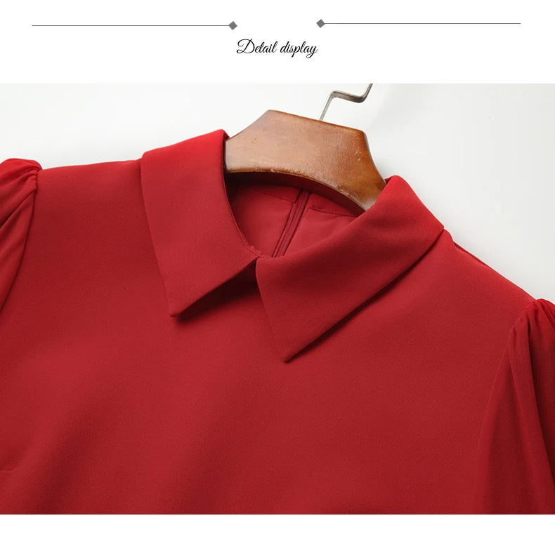 Floral Embroidery Chiffon Dress With Polo Collar For Office