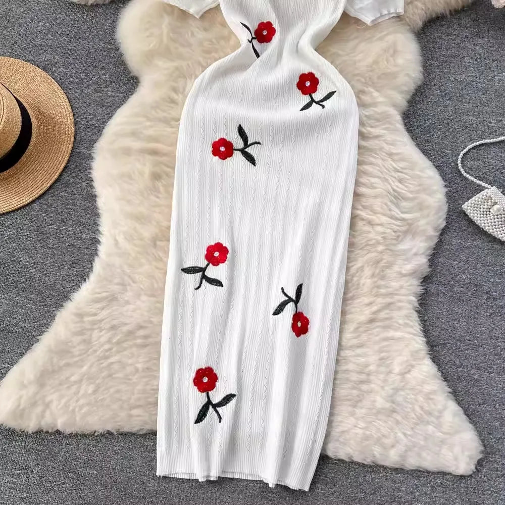 Elegant Summer Knitted Embroidered Bodycon Dress for Women