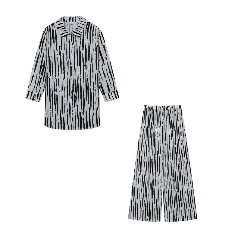 Fashion Printed Loose Long Sleeve Shirt and Straight Leg Pants Set for Women