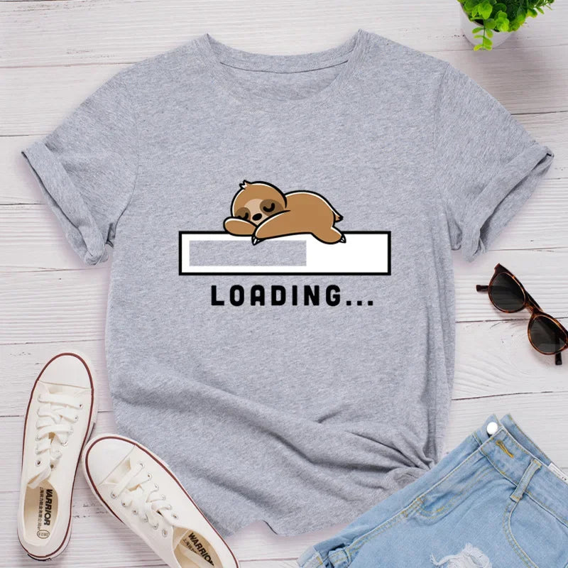 Loading Sloth Print Women T Shirt Short Sleeve O Neck Casual Tee for Ladies