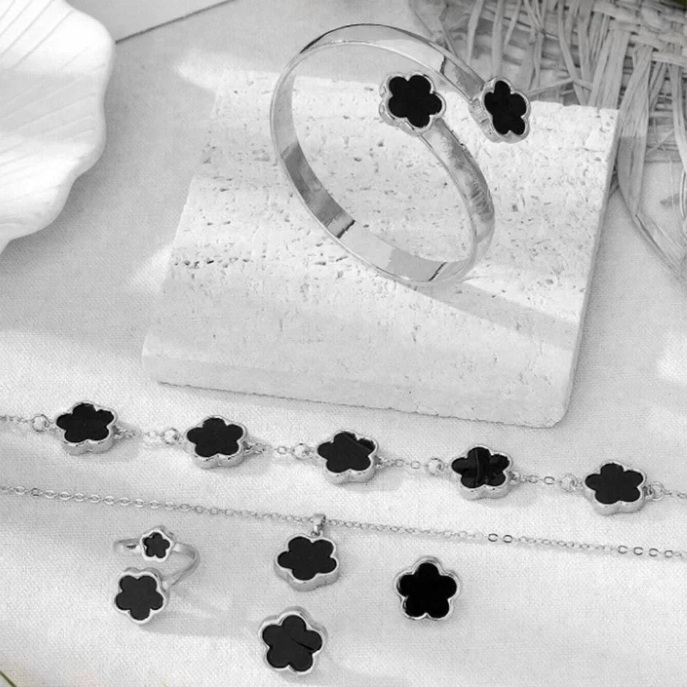 5pcs Women's Flower Jewelry Set with Bracelet Necklace Earrings and Ring