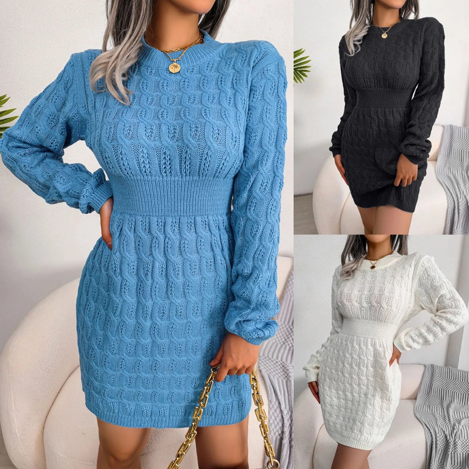 Autumn Winter Womens Round Neck High Waist Sweater Dress