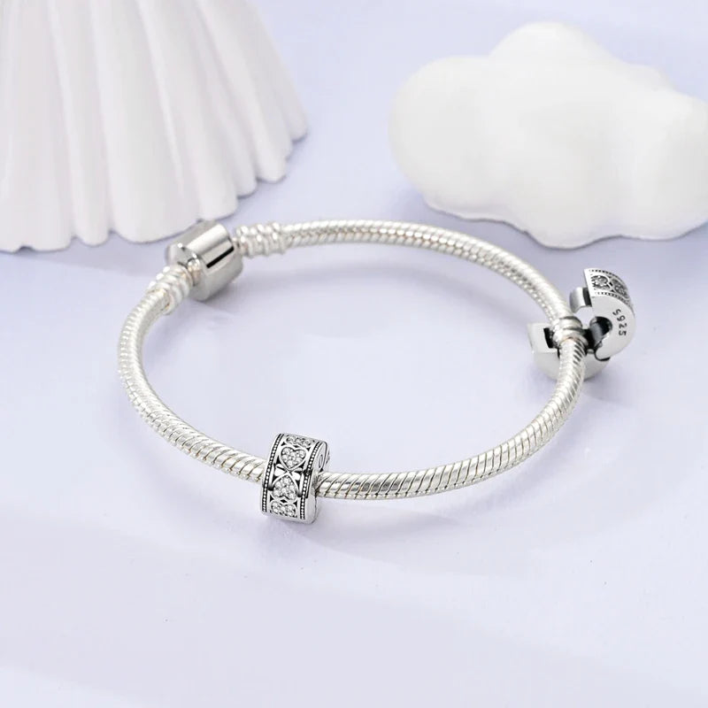 Fit Original 925 Sterling Silver Clip Charms with Zircon and Silicone Spacer Beads for Women DIY Bracelet Gift