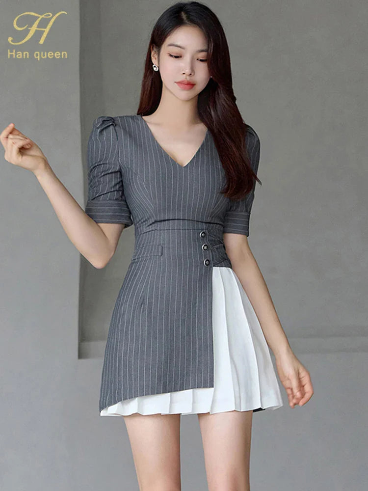 Vintage Elegant Striped Puff Sleeve Dress For Office Party