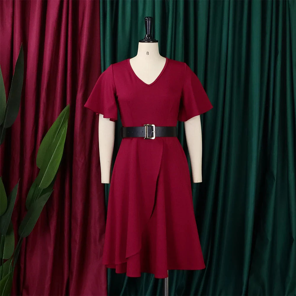 Elegant Womens Belted Round Neck Ruffle Sleeve Midi Dress