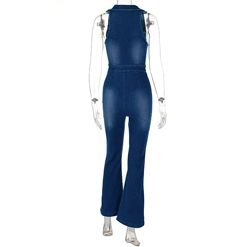 Elegant Denim Jumpsuit for Women V-Neck Zipper Sleeveless Bell Bottom Stylish Summer Party Outfit