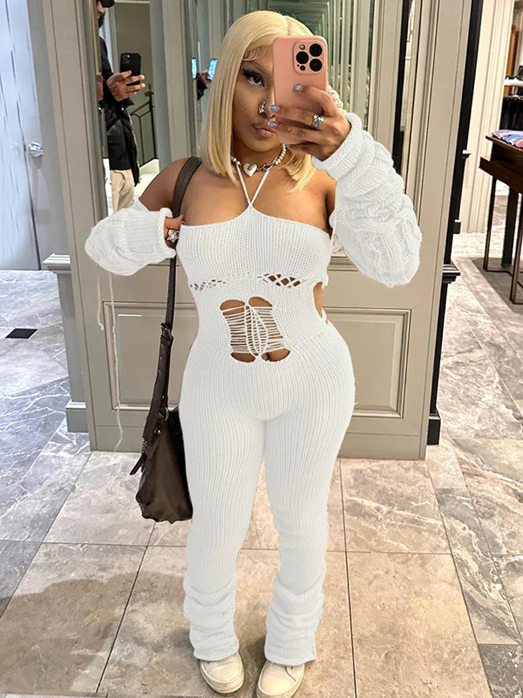 Weird Puss Bandage Knit Halter Jumpsuit with Gloves Women Stretch Sexy Backless Hollow Skinny Street Style Stacked Workout Overalls