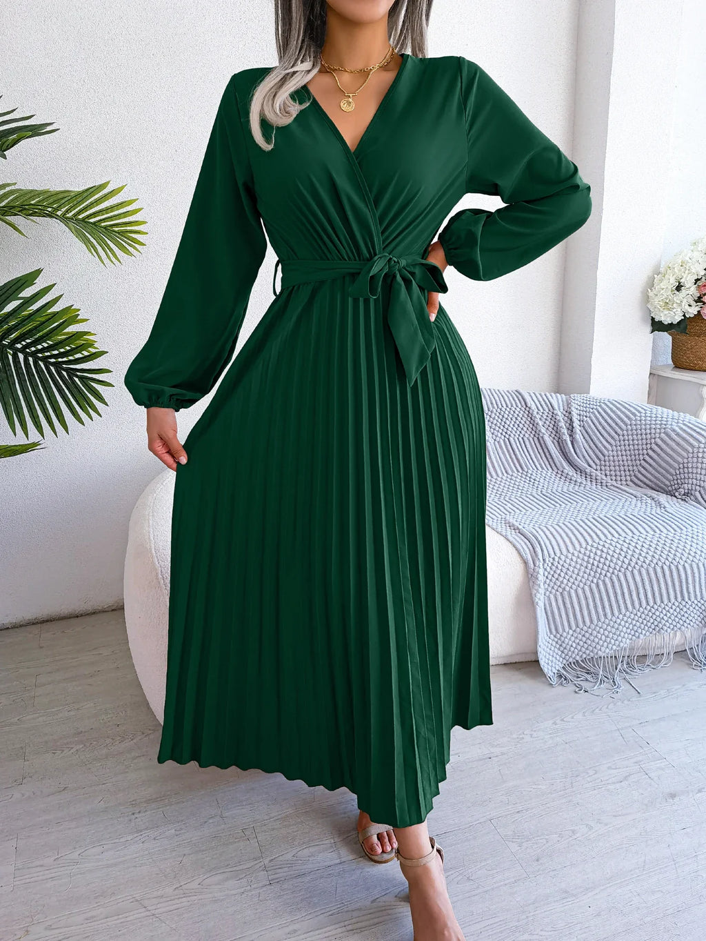 Elegant Surplice Neck Pleated Maxi Dress With Belt Flair