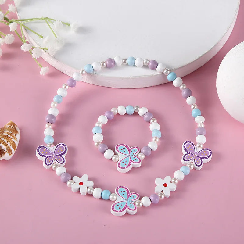 Colorful Cartoon Unicorn Wooden Jewelry Set for Kids Necklace and Bracelet Gifts