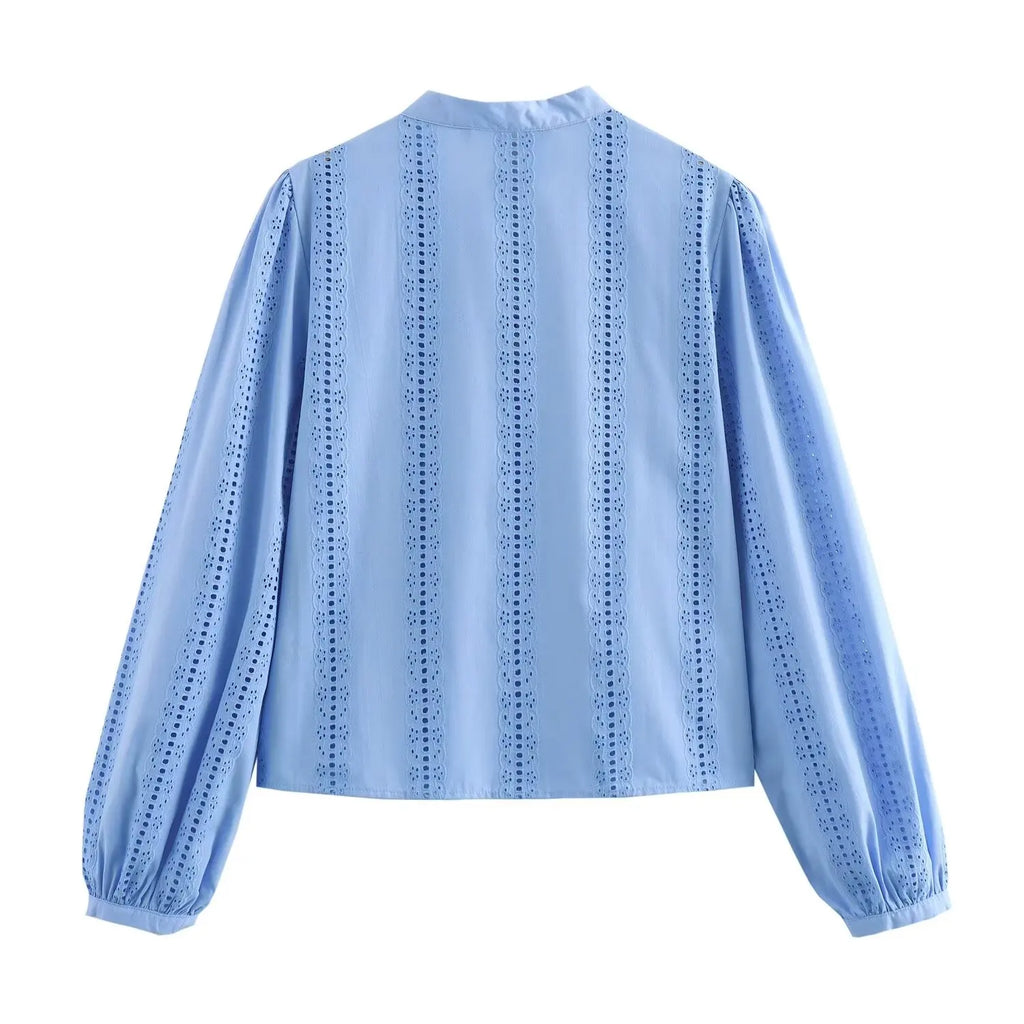 Loose Lace Up White Shirt for Women Elegant Hollow Out Embroidered Puff Sleeve Cropped Top