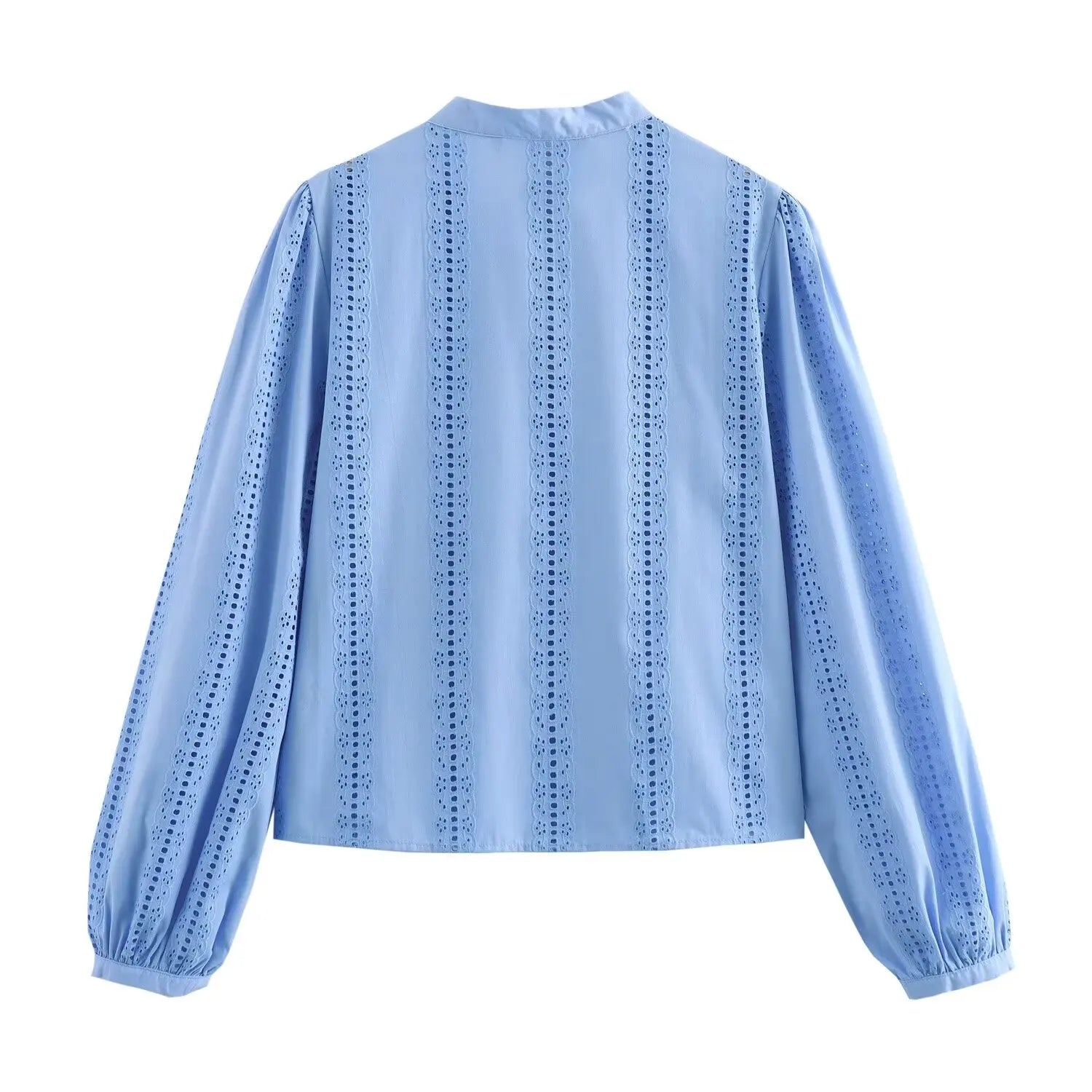 Loose Lace Up White Shirt for Women Elegant Hollow Out Embroidered Puff Sleeve Cropped Top