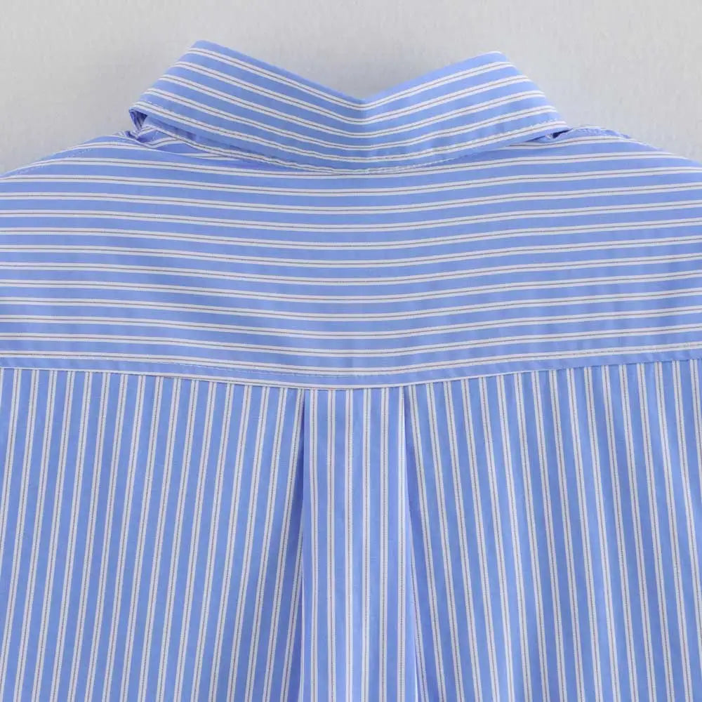 Women's Chic Striped Crop Shirt Long Sleeve Button-Up Blouse with Pockets Casual Fashion Top
