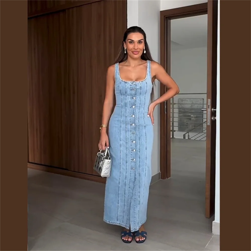 Belted Denim Midi Dress For Women With Cinched Waist