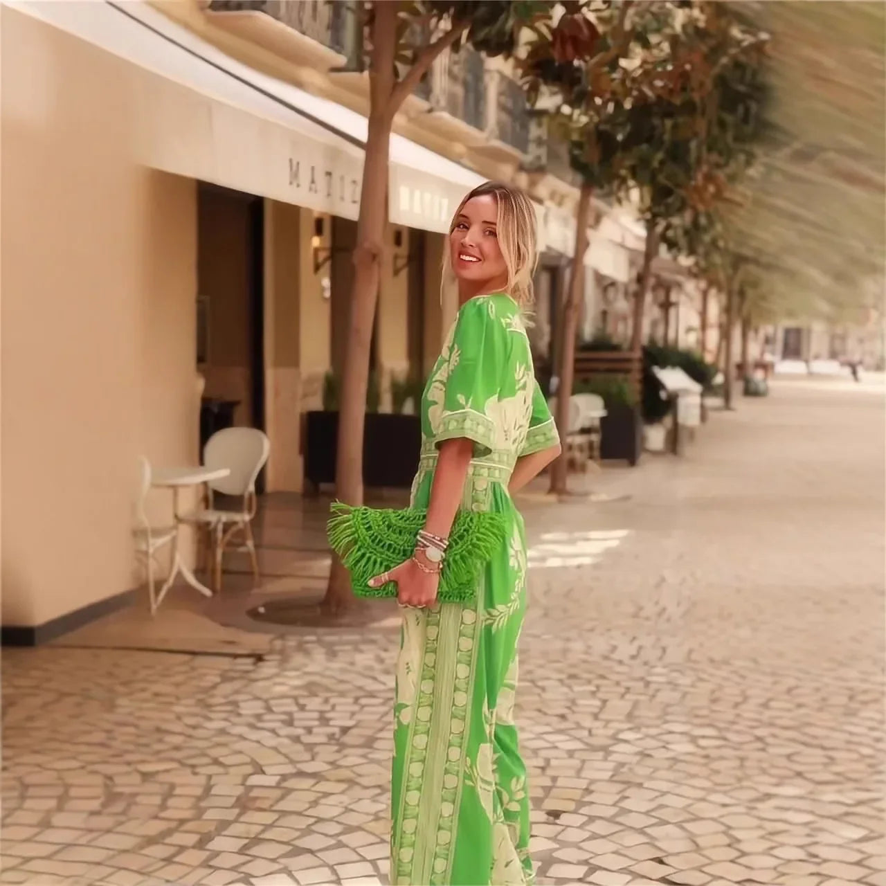 Women Vintage Printed Jumpsuit Elegant V Neck Short Sleeve Wide Leg High Waisted Casual Playsuit Perfect for Vacation and Everyday Wear