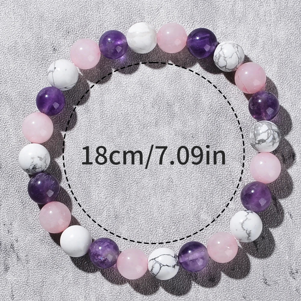 Fashionable Aura Balancing Sleep Bracelet with Natural Stones - White Turquoise, Amethyst and Rose Quartz 8mm