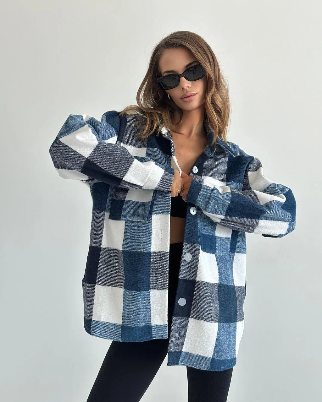Women's Flannel Lapel Plaid Shirt Jacket Long Sleeve Button Down Thin Warm Coat Blouse for Autumn Casual Wear