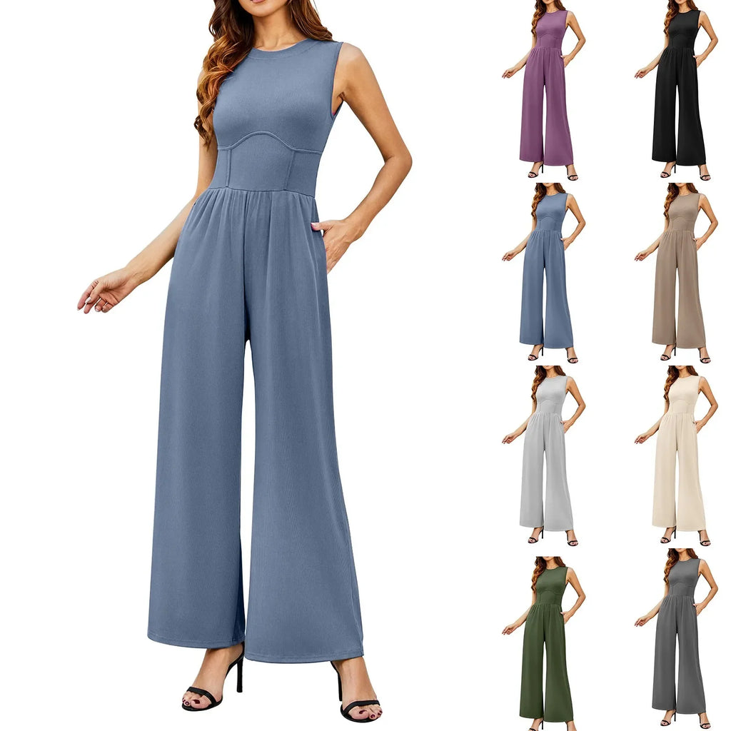 Women Sleeveless High Neck Ribbed Tank Top Jumpsuit Wide Leg Pants Romper with Tummy Control and High Waist Casual Summer Outfit