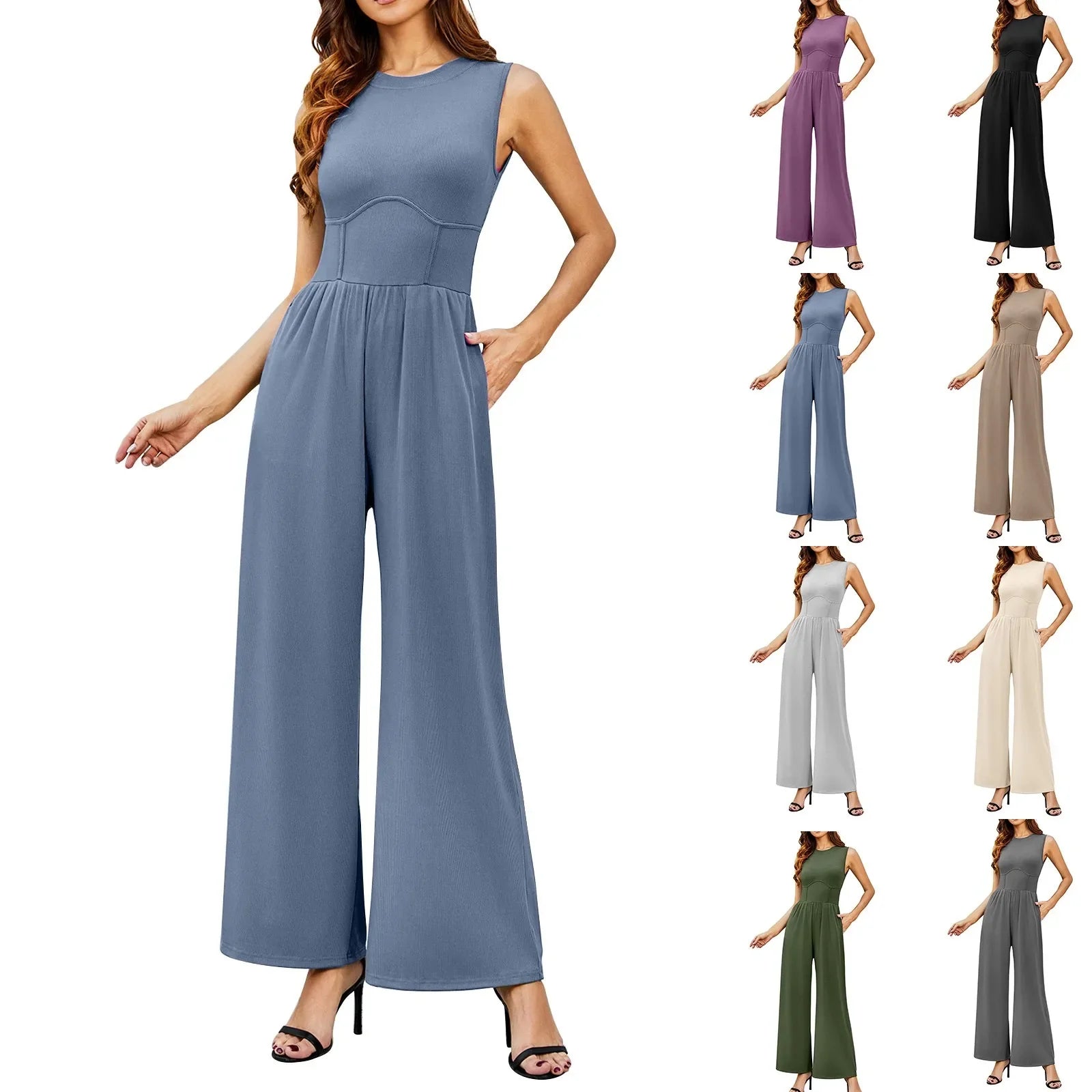 Women Sleeveless High Neck Ribbed Tank Top Jumpsuit Wide Leg Pants Romper with Tummy Control and High Waist Casual Summer Outfit