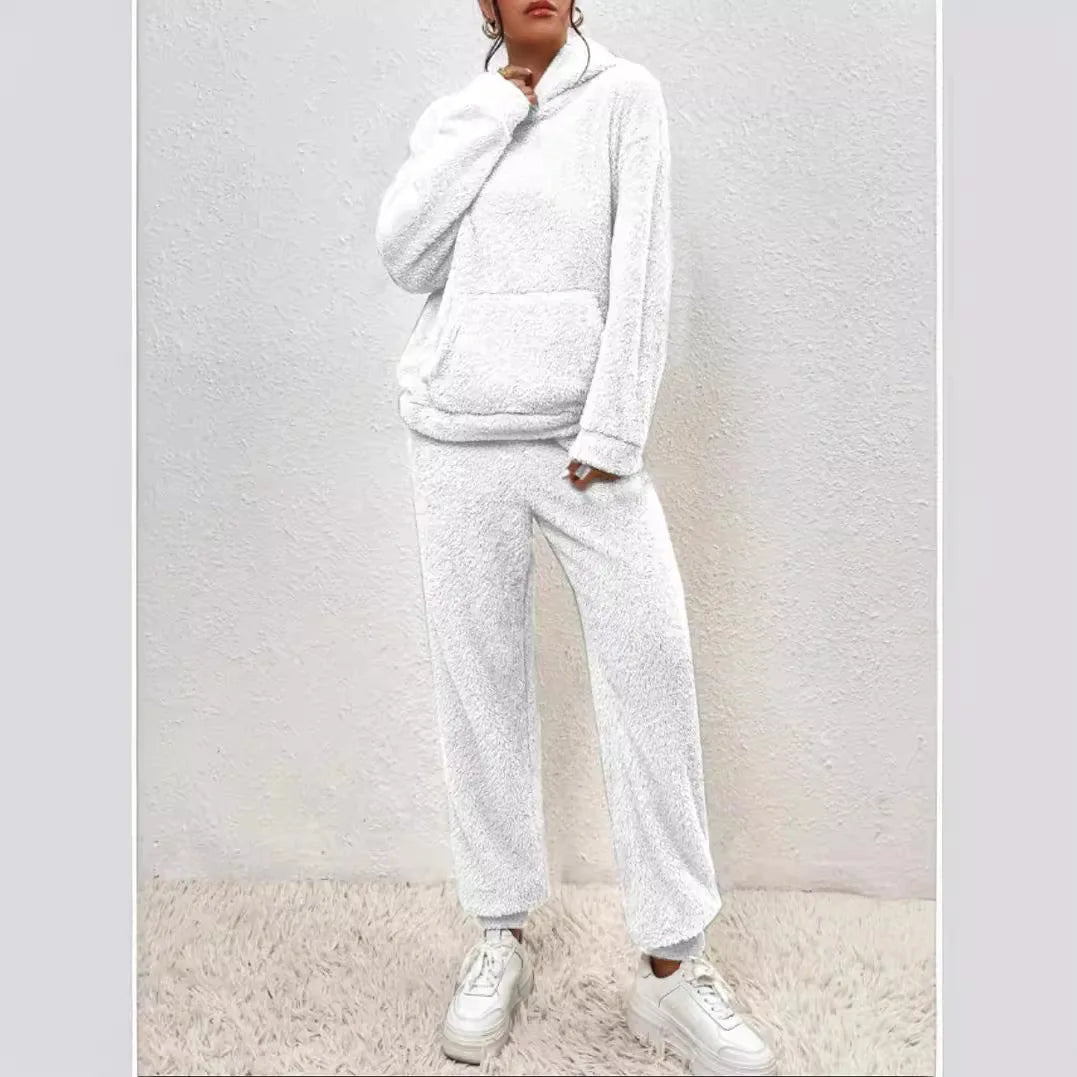 Autumn Winter Women Casual Hooded Sweatshirt and Plush Leg Pants 2 Piece Set Warm Furry Outfit