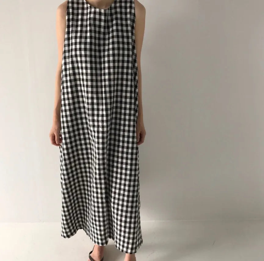 Vintage Plaid Tank Dress for Women High Waist O Neck