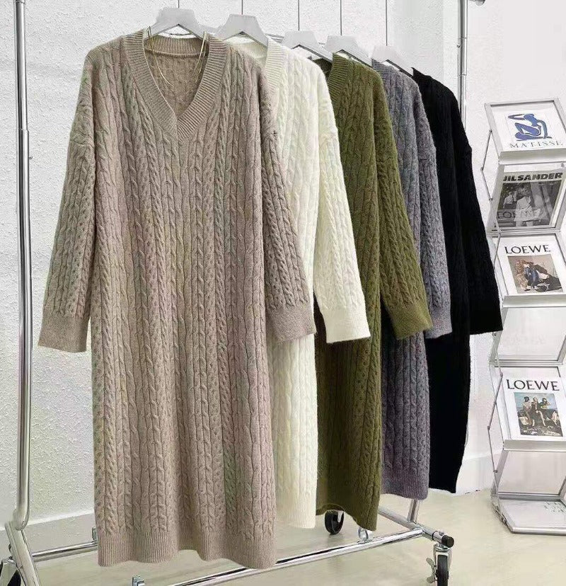 Autumn Knit Sweater Dress Long Sleeve V Neck Women