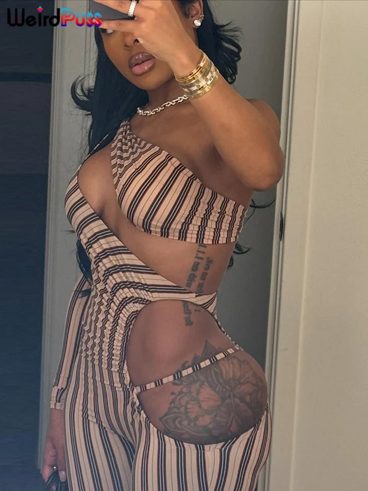 Sexy Hollow Ruched Jumpsuit for Women Irregular Hipster Stripe Print Full Sleeve Clubwear Midnight Workout Overalls