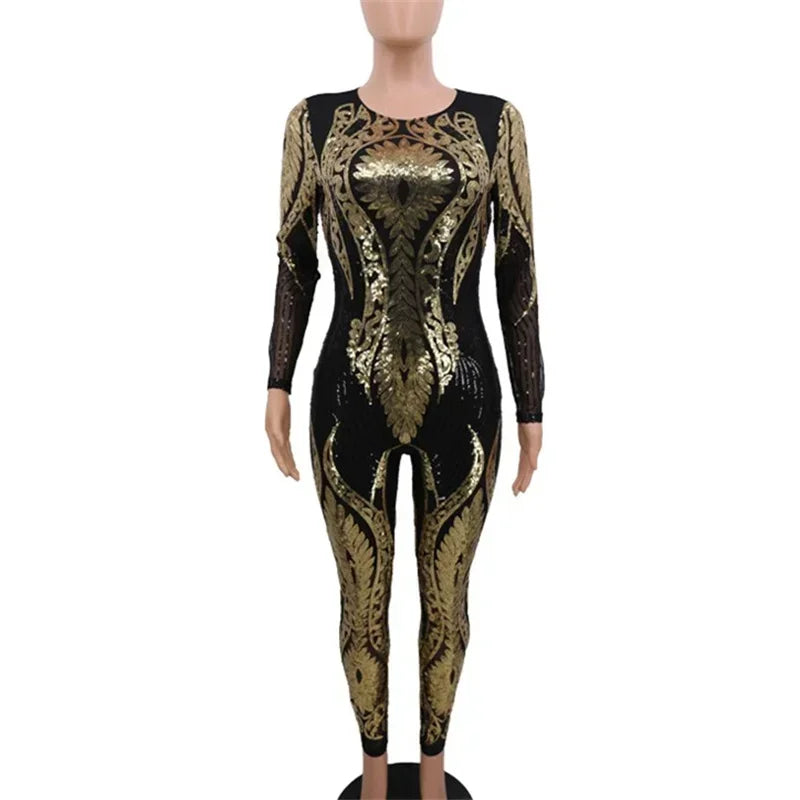 Sexy Sheer Mesh Patterned Jumpsuit for Women Slim Fit Pencil Trousers Romper One-Piece Party Clubwear Night Out Pants