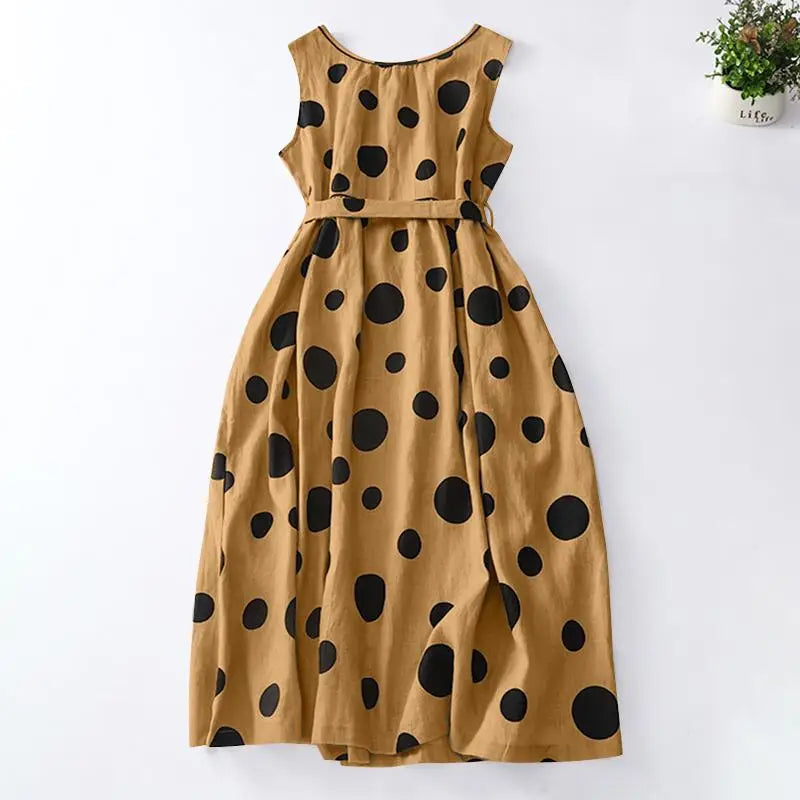 Polka Dot Kaftan Dress For Women Belted Waist Sleeveless