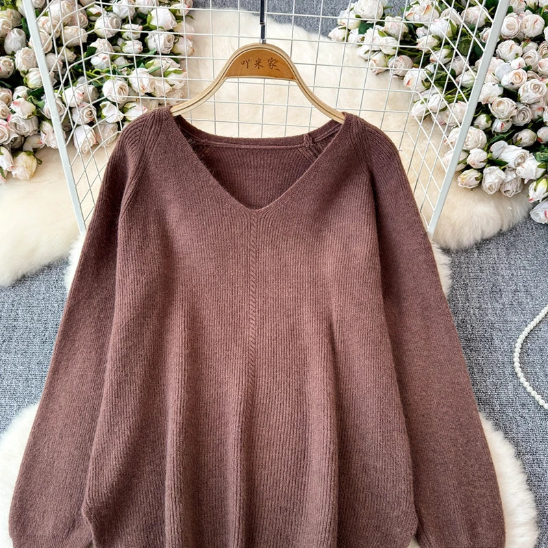 Knitted V-Neck Sweater and Straight Jogging Pants Women's Tracksuit Set