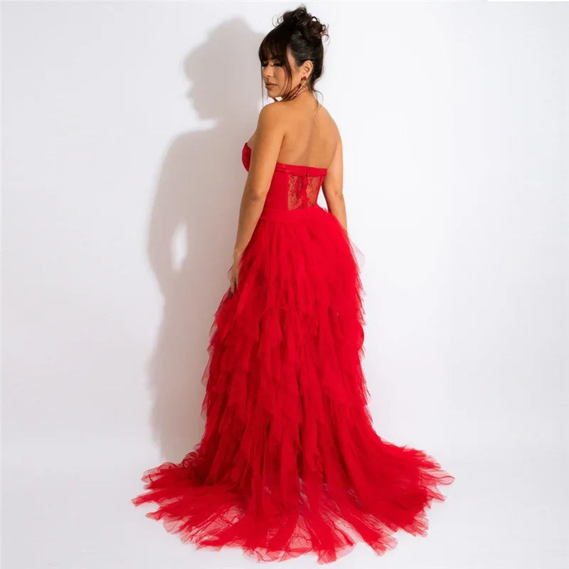 Cascading Ruffles Strapless Lace Maxi Dress Evening Gown