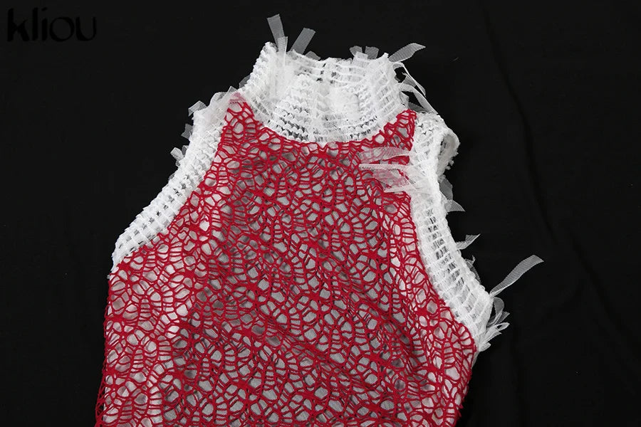 Backless Crochet Maxi Dress With Stand Collar And Pleats