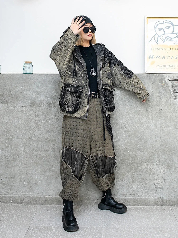 Vintage Denim Two Piece Women's Jacket and Pants Set with Hooded Coat and Casual Mesh Pants