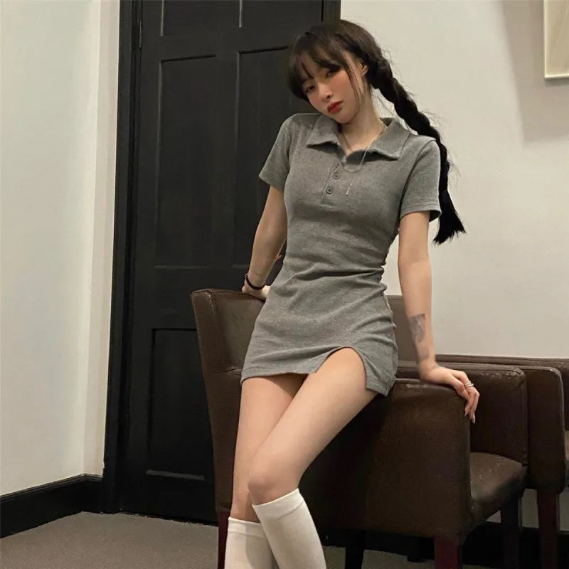 Women Summer Dress Short Sleeve Mini Turn Down Collar