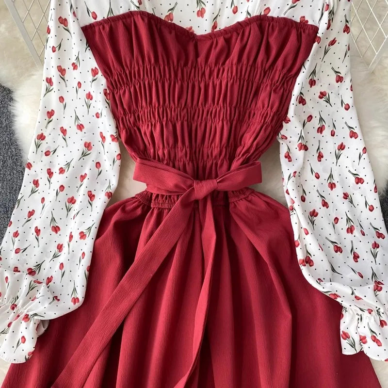 Floral Patchwork Chiffon Dress Belted Long Sleeve Women