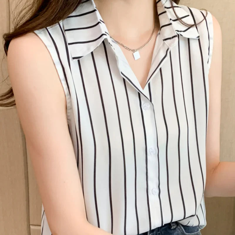 Striped Sleeveless Chiffon Blouse for Women Summer Vest Casual Lightweight Tops Basic White Shirt