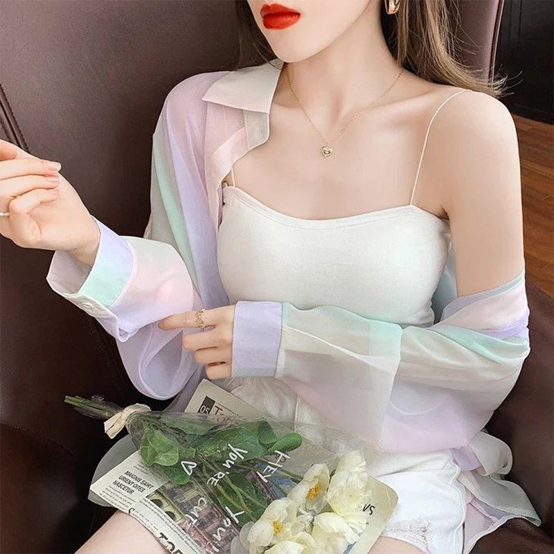 Irregular Gradient Rainbow Color Sheer Turn-Down Collar Long Sleeve Loose Fit Women's Casual Blouse Top