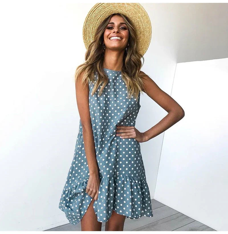 Polka Dot Dress Ruffled Sleeveless Women Round Neck
