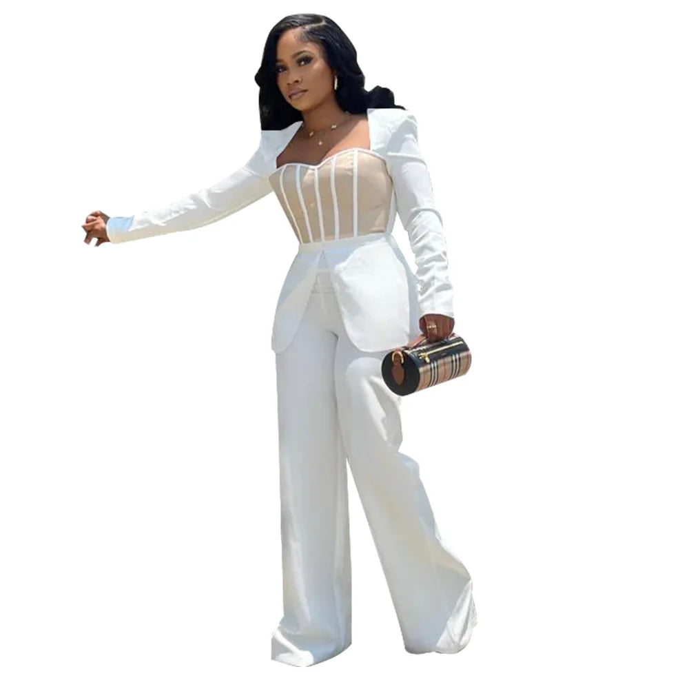 Women Long Sleeve Patchwork Romper Jumpsuit with Waist Cincher Wide-Leg Pants Elegant Office and Party Playsuit