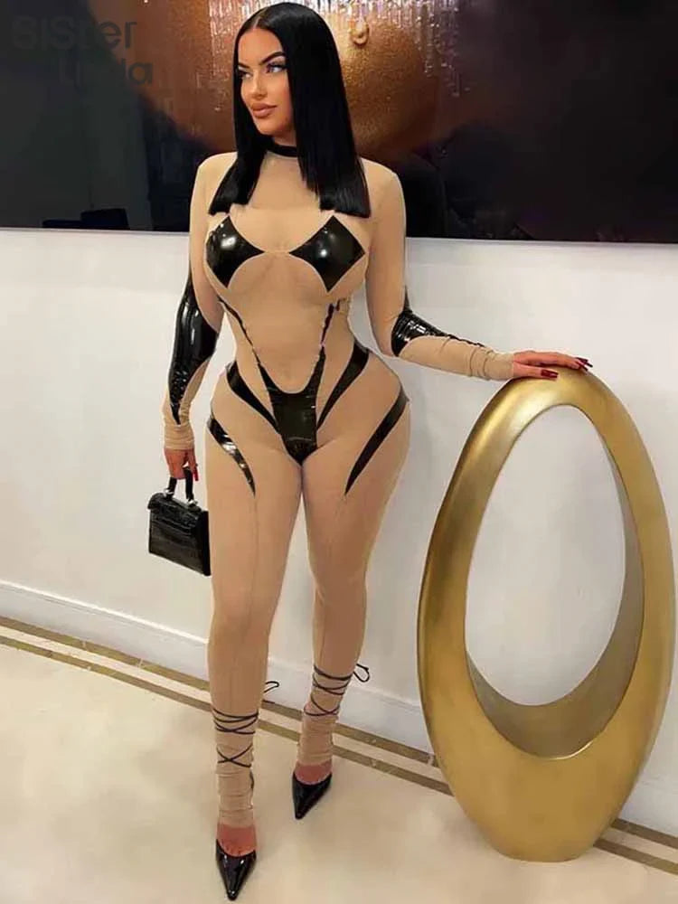 Sexy Mesh Patchwork Long Sleeve Skinny See-Through Zip One-Piece Jumpsuit for Women Party Clubwear