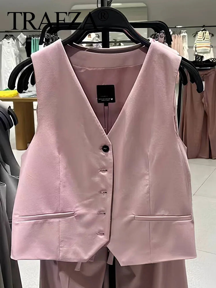 Solid Sleeveless V-Neck Vest and High Waist Zipper Loose Pants Set for Office and Casual Wear