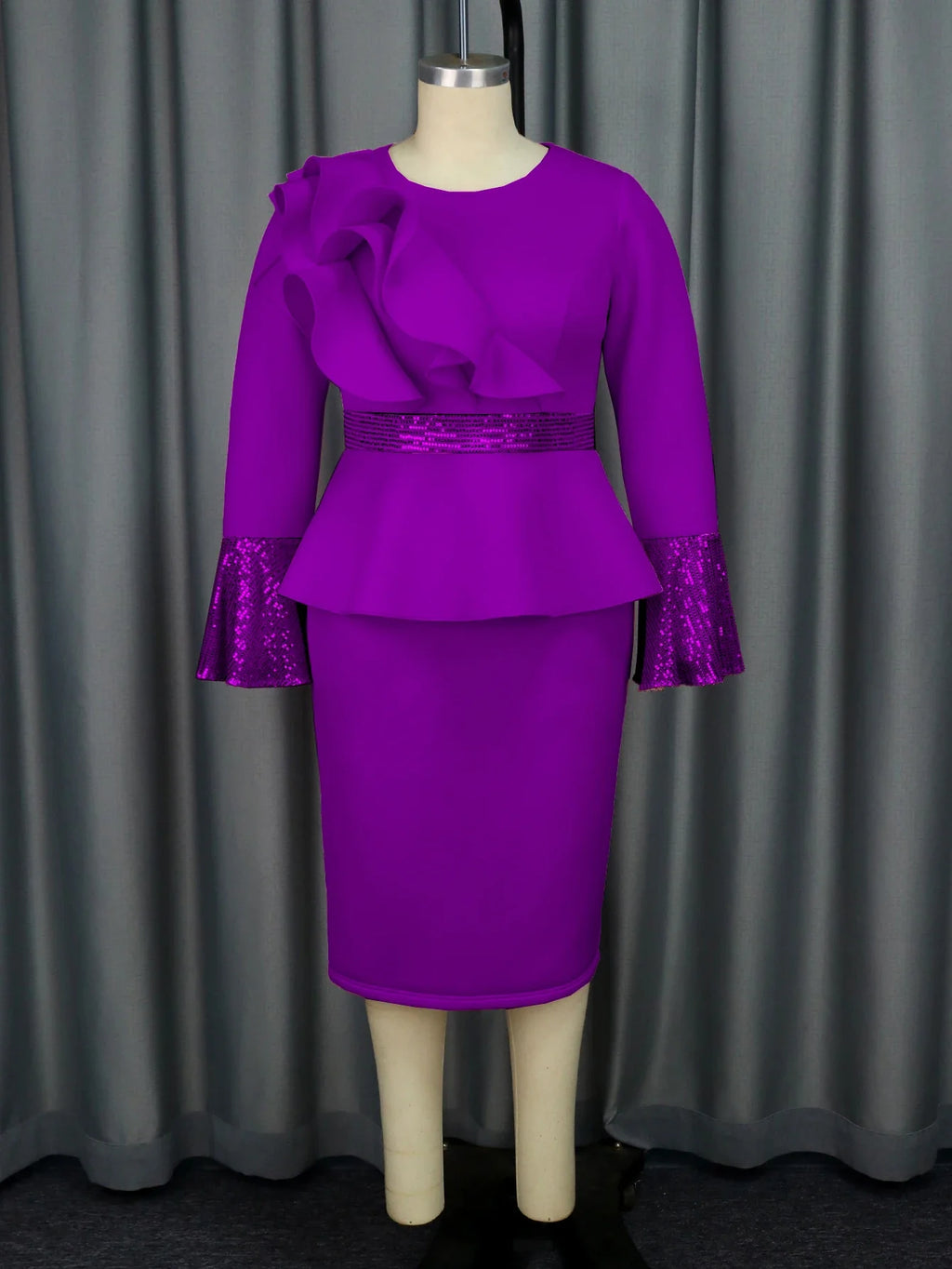 Church Dress for Women Elegant Sequined Long Sleeve Ruffles