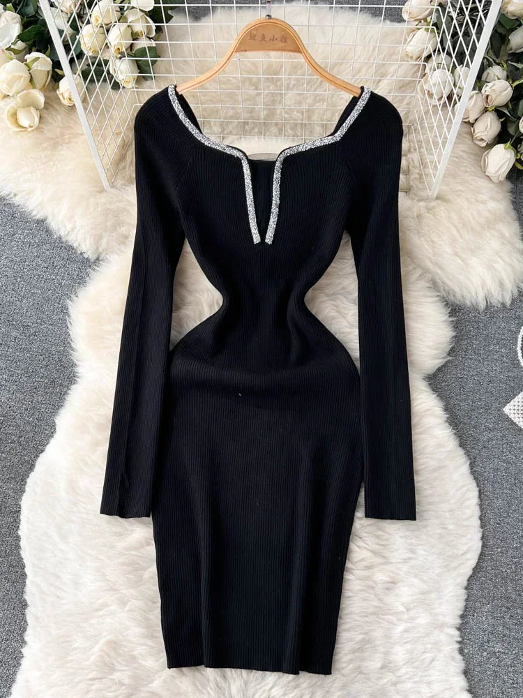 Knit Bodycon Dress For Women Long Sleeve Winter Sweater