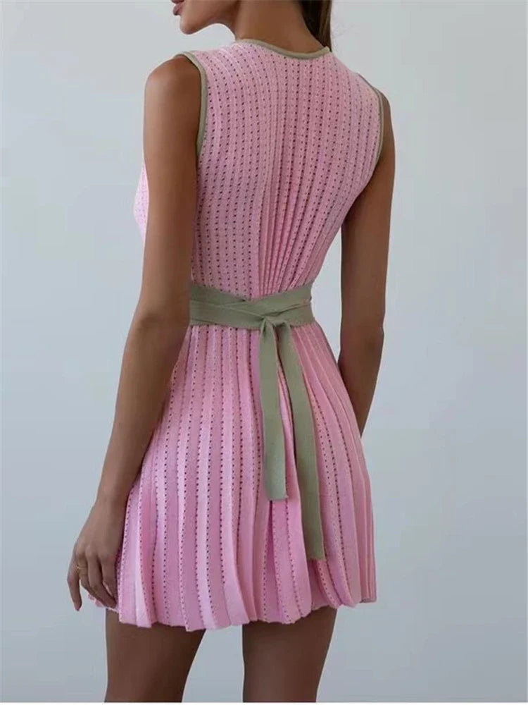 Summer V Neck Knit Dress For Women Sleeveless High Waist