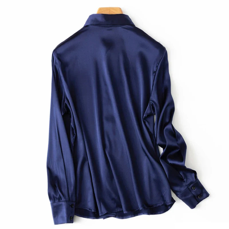 Women Satin Silk Shirt 93% Mulberry Silk 7% Spandex 19 Momme Classic Long Sleeve Blouse Solid Color Office Top for Women M L XL XXL