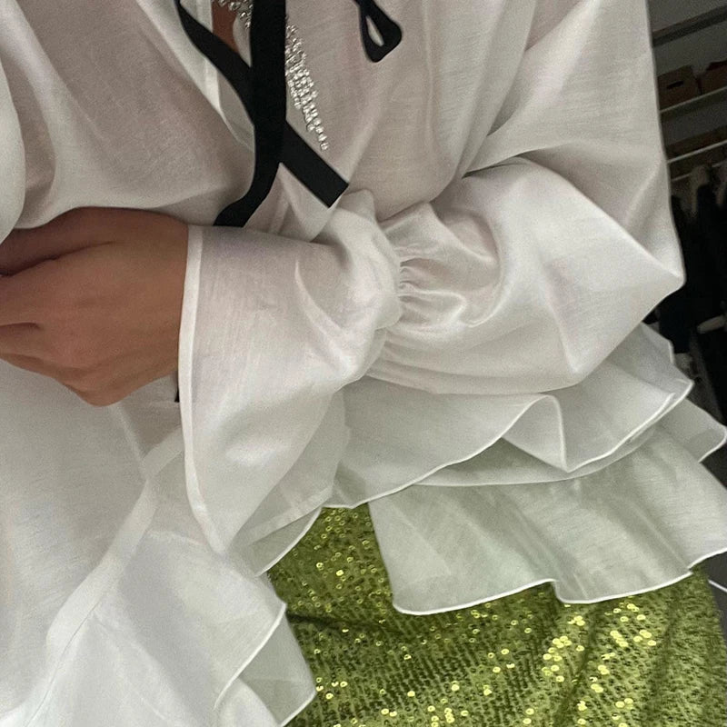Sexy Loose White Women's Shirt With Ruffles Long Sleeve Sheer Elegant Blouse Stylish Transparent Top