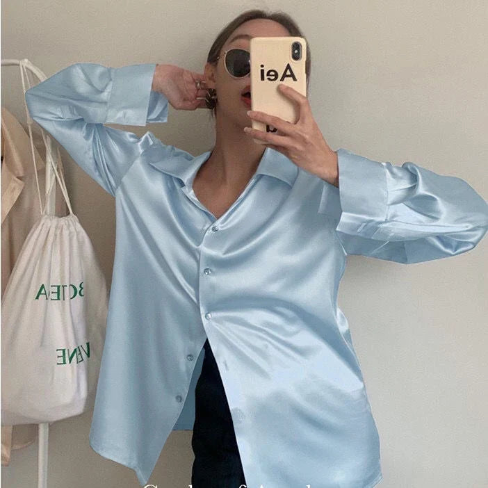 Elegant Satin Long Sleeve Shirt for Women Slim Fit Casual Office Blouse with Transparent Buttons