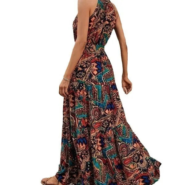 Bohemian Print Maxi Dress Halter Neck Zipper Closure