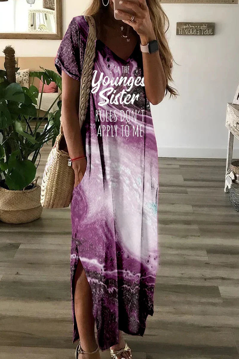 V Neck Short Sleeve Swing Dress For Women With Halo Print