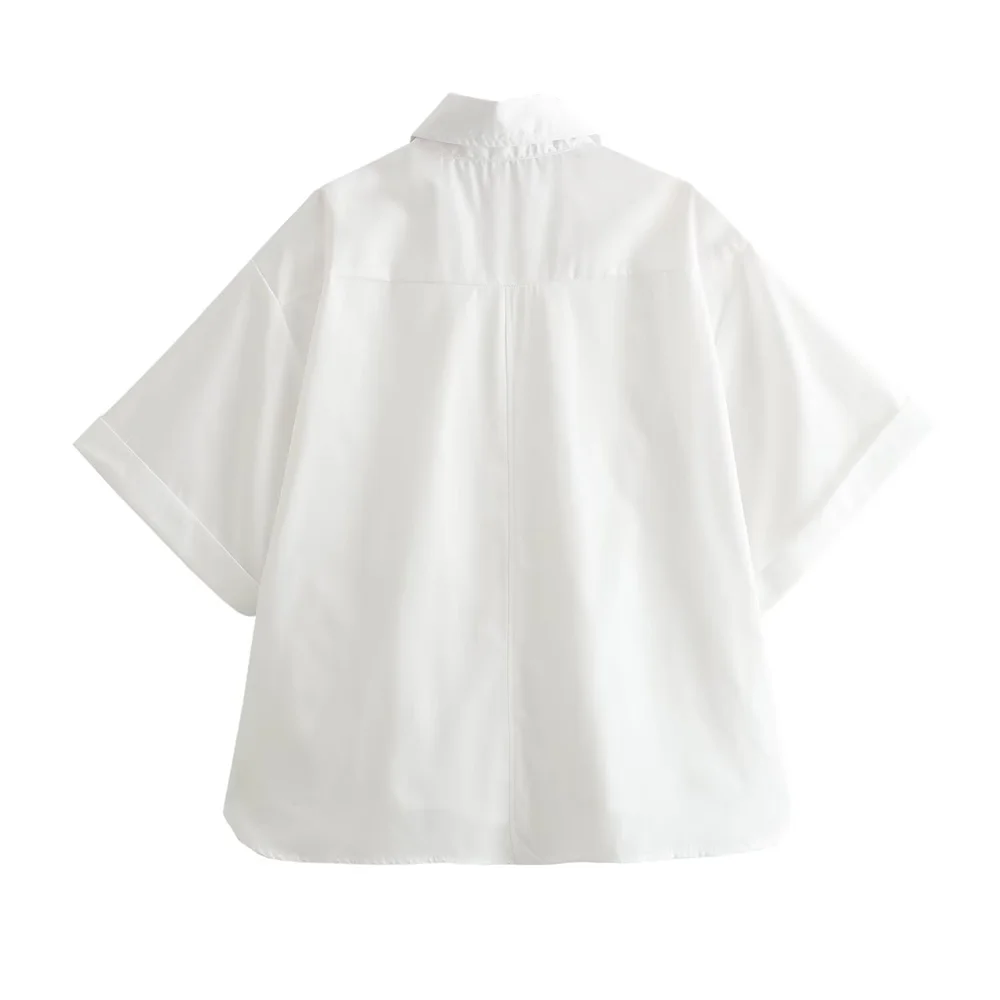 Women's Casual Short Poplin Shirt with Versatile Pocket Decoration Stylish Spring Fashion Top