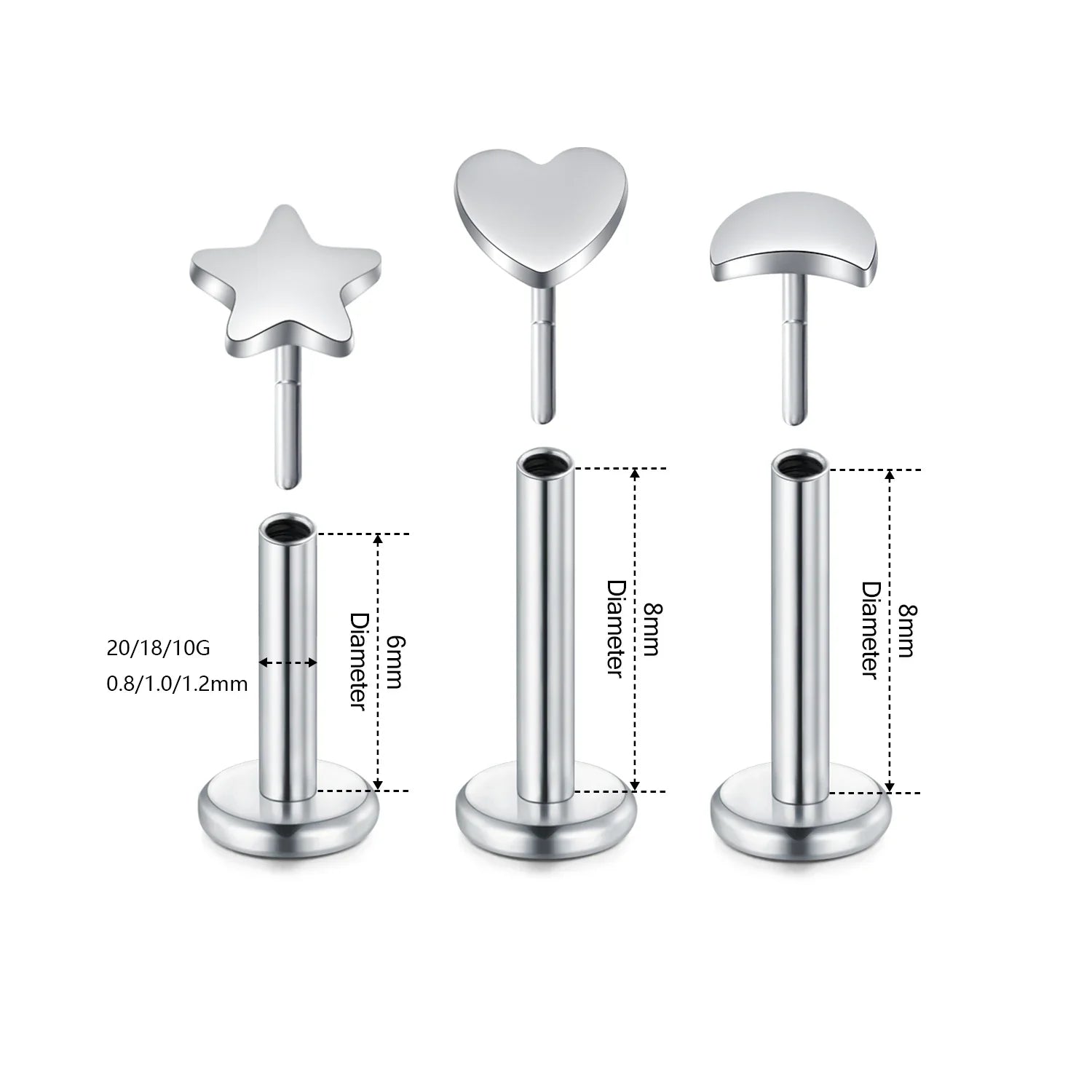 Lip Piercing Body Jewelry Stud Earrings in Silver and Gold Trendy Star Moon Design for Women